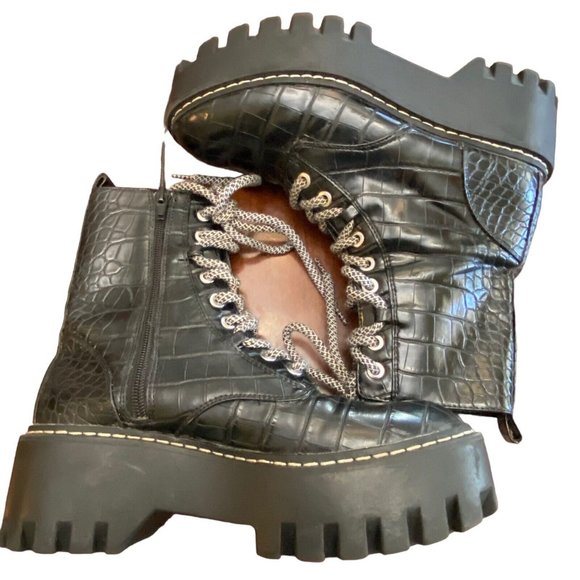 Zara TRF Platform Black Lace Up Combat Boots Lug Sole Croc Embossed US 6 EU 36 - Picture 7 of 10